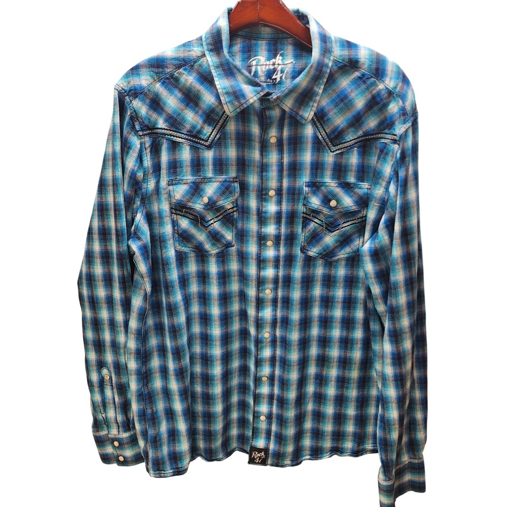 Rock 47 by Wrangler Mens XLT Blue Plaid Western Snap Front Shirt 112326348